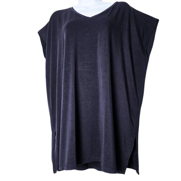 EILEEN FISHER Navy Blue Tencel Lyocell V-Neck Tunic Top Size M Relaxed Fit - Picture 1 of 7
